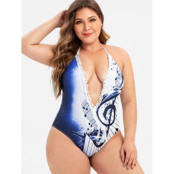 

Lace Trim Halter Musical Note Printed Plus Size Swimsuit, Navy blue