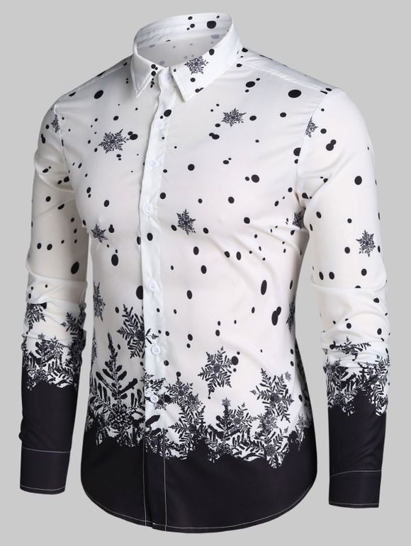 Chemise de Noël Boutonnée Flocon de Neige Imprimé à Manches Longues - Blanc S
