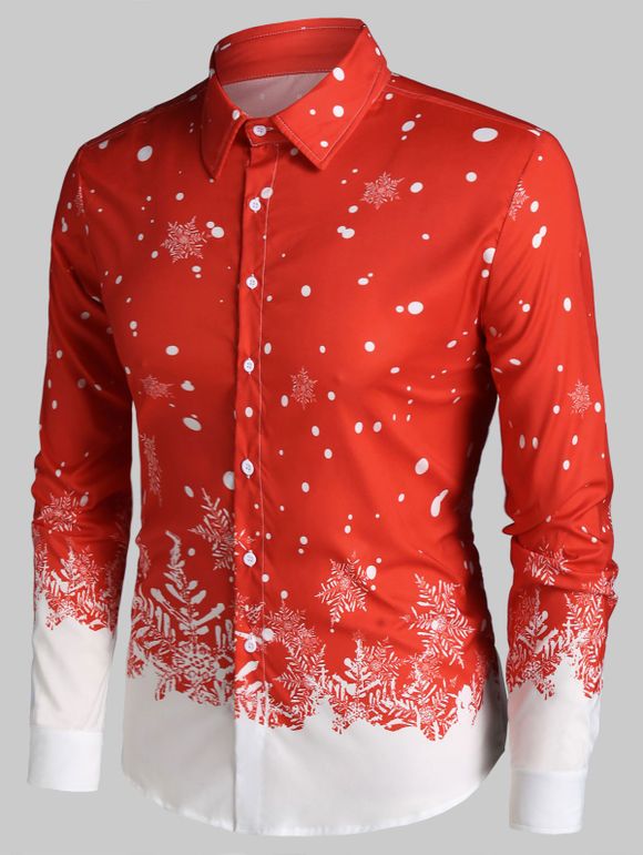 Chemise de Noël Boutonnée Flocon de Neige Imprimé à Manches Longues - Rouge S