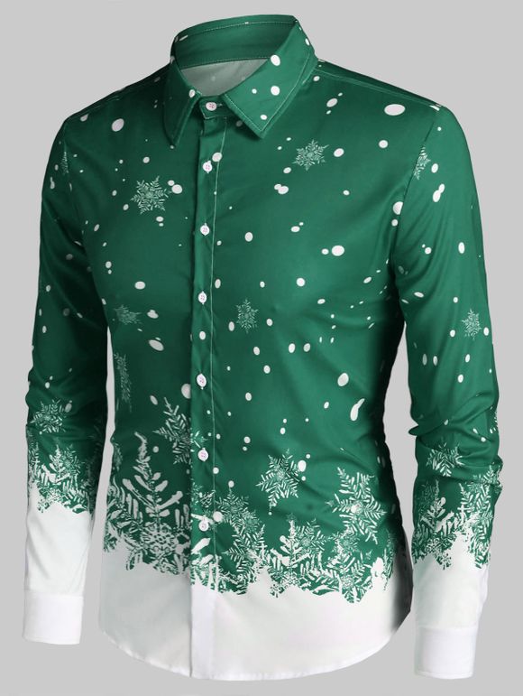 Chemise de Noël Boutonnée Flocon de Neige Imprimé à Manches Longues - Vert Tortue de Mer M