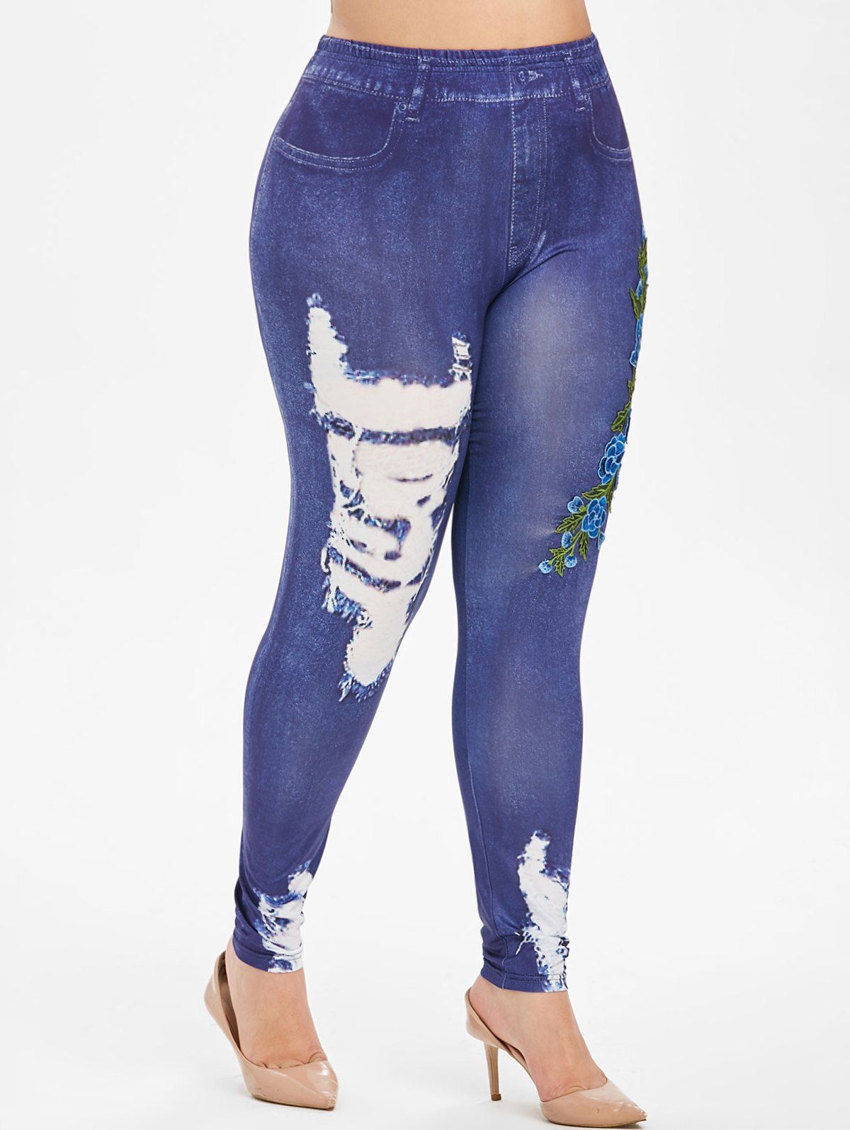 

Pull On 3D Floral Embroidered Applique High Waisted Plus Size Jeggings, Blue