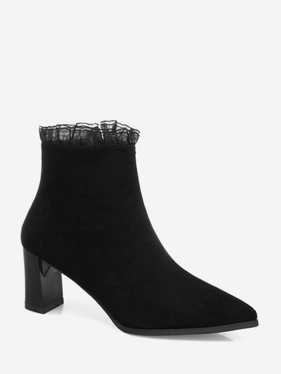 Bottes Bout Pointu Ourlet à Volants à Talon Moyen - Noir EU 39