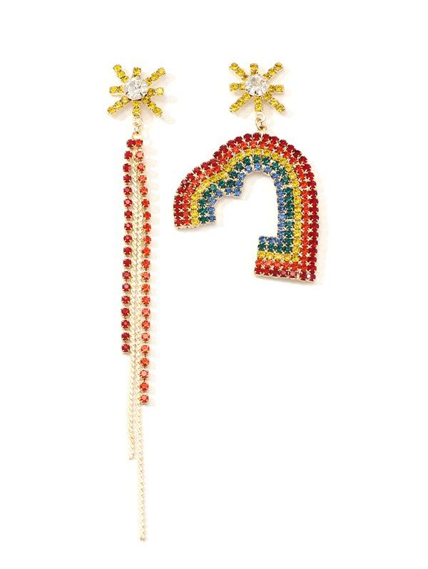

Rainbow Color Rhinestone Heart Tassel Asymmetric Earrings, Multi