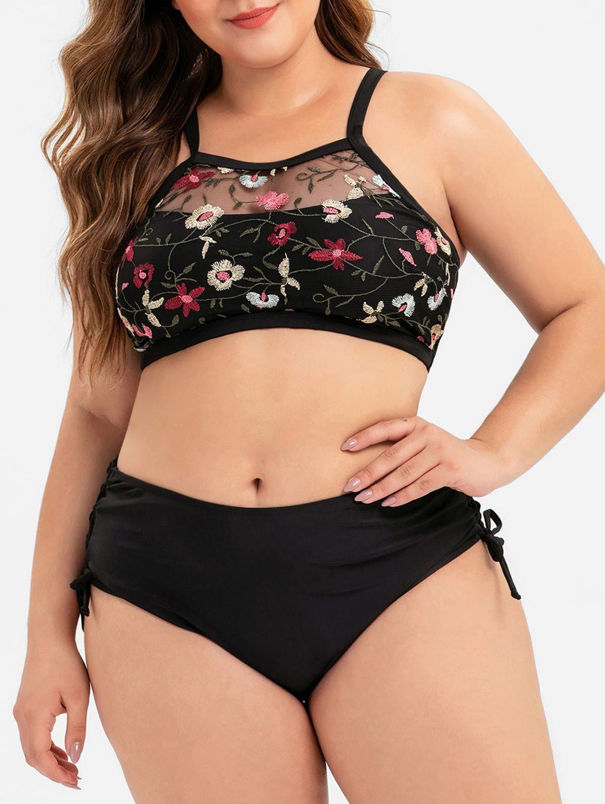 Floral Embroidered Mesh Overlay Lace-up Plus Size Bikini Swimsuit - BLACK 4X