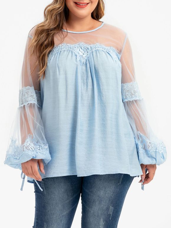 Chemisier Panneau en Dentelle en Maille Transparente de Grande Taille à Manches Nouées - Bleu 1X