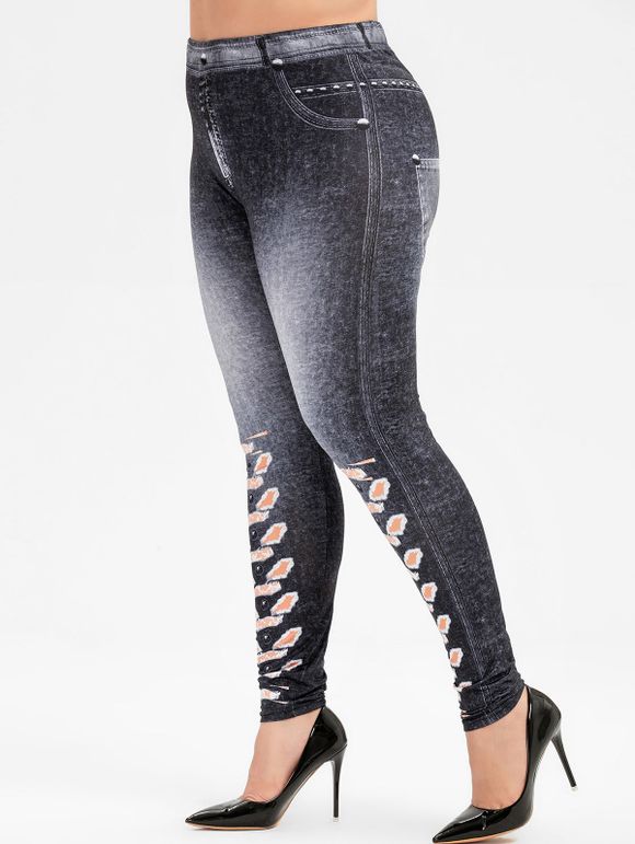 Plus Size Jeans Printed Fitted Leggings - DARK SLATE BLUE 2X