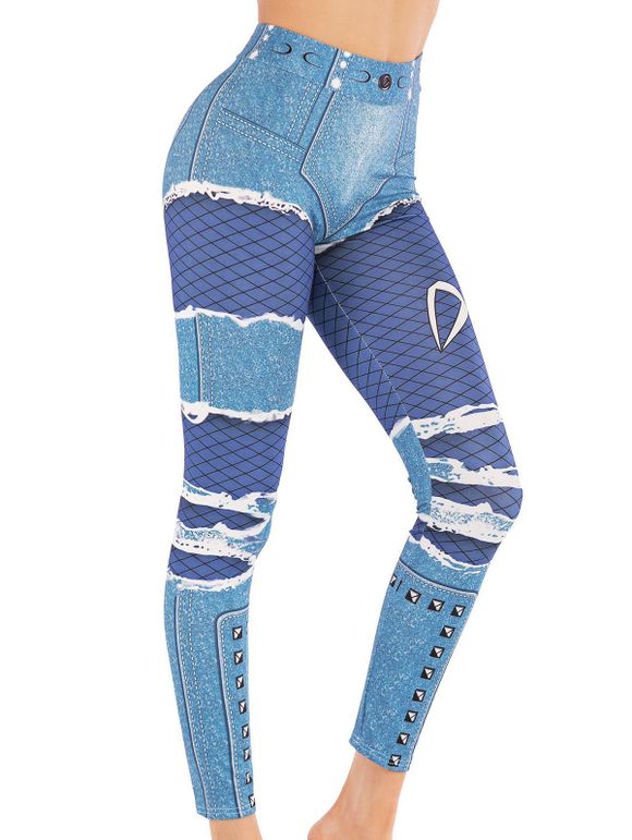 Legging Moulant 3D Résille Imprimé à Taille Haute - Bleu Toile de Jean XL