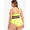 Fishnet Overlay Plus Size Ruched Bikini Swimsuit - YELLOW 2X