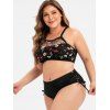 Floral Embroidered Mesh Overlay Lace-up Plus Size Bikini Swimsuit - BLACK 5X