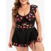 Maillot de Bain Tankini Lèvre Imprimée à Volants de Grande Taille à Lacets - Noir 1X