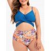 Maillot de Bain Bikini Fleuri Noué de Grande Taille à Volants - Bleu 4X