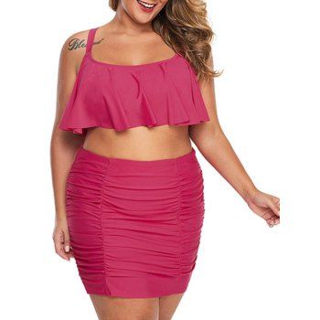 

Flounce Crisscross Ruched Plus Size Skirted Bikini Swimsuit, Rose red