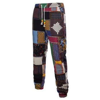

Tribal Ditsy Patchwork Print Casual Jogger Pants, Multicolor a