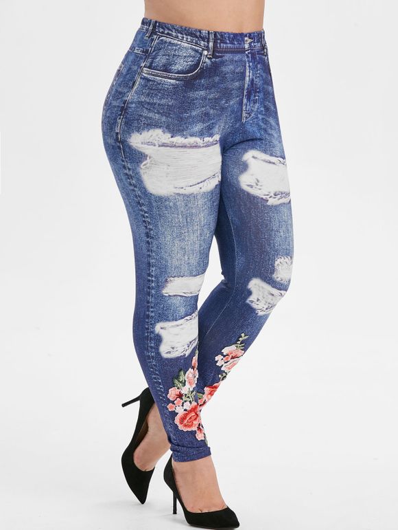 Legging 3D Fleuri Imprimé à Applique Taille Haute de Grande Taille - Bleu 4X