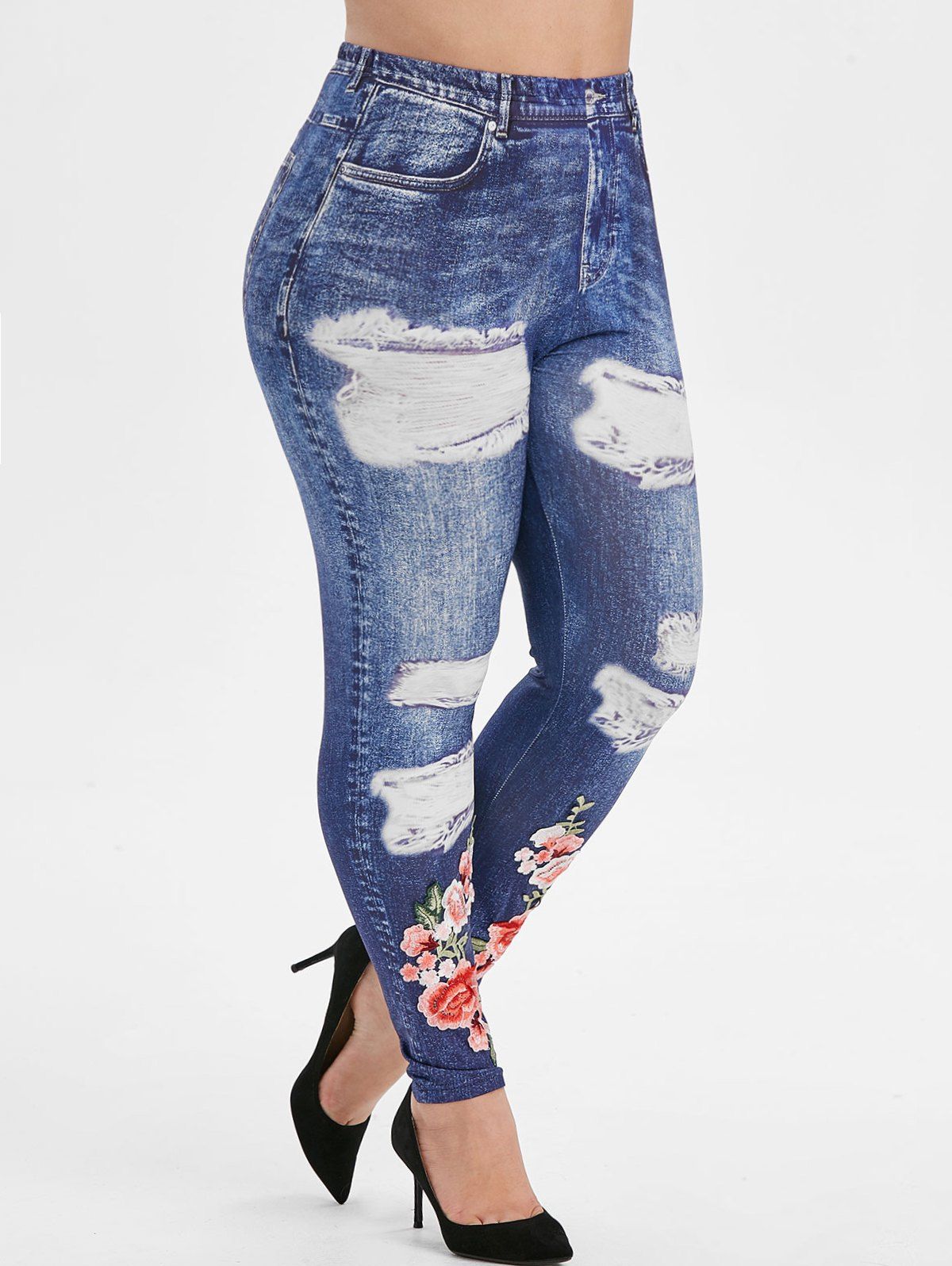 

High Waisted 3D Floral Applique Printed Plus Size Jeggings, Blue