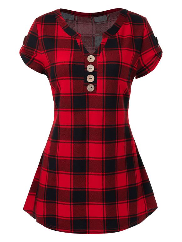 T-shirt Grande Taille à Carreaux avec Bouton - Saleté Rouge 5X