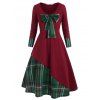 Robe de Noël à Carreaux de Grande Taille avec Nœud Papillon Détachable - Rouge Vineux 4X