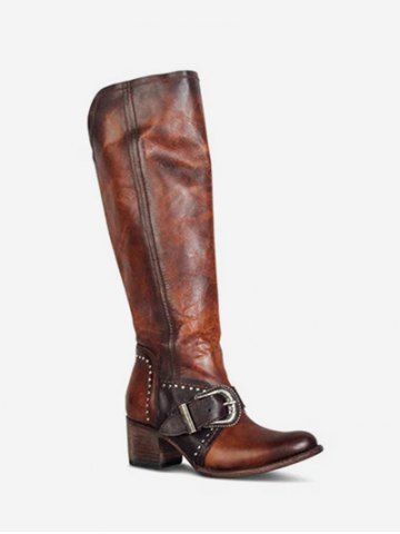 Ruched Buckled Chunky Heel Knee High Boots