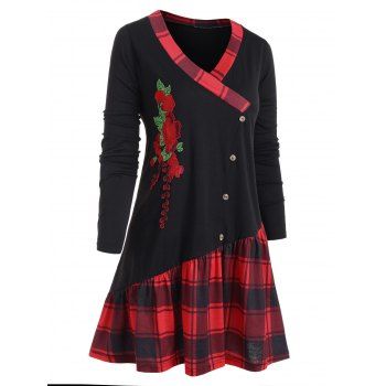 

Plus Size Floral Embroidered Plaid Longline T-shirt, Red