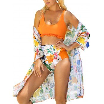 

Floral Leaf Frilled High Rise Bikini Swimsuit, Mango orange