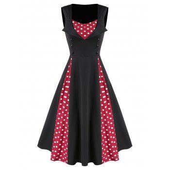 Image of Button Polka Dots Patchwork A Line Dress