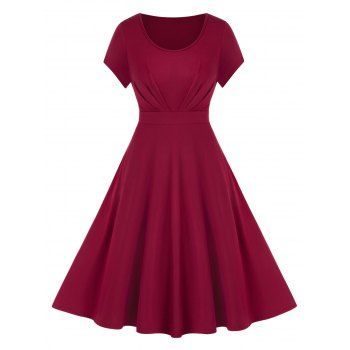 

Plus Size Round Collar A Line Dress, Red wine