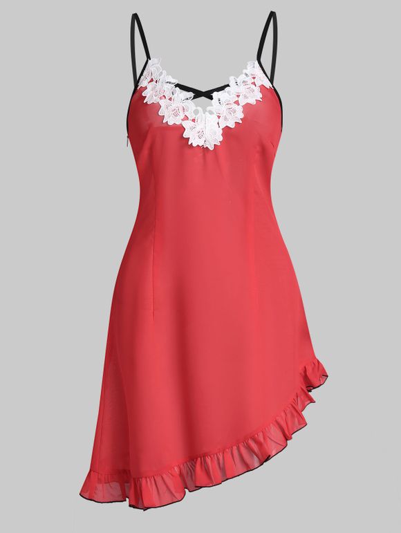 Crisscross Lace Insert Asymmetric Cami Dress - WATERMELON PINK XL