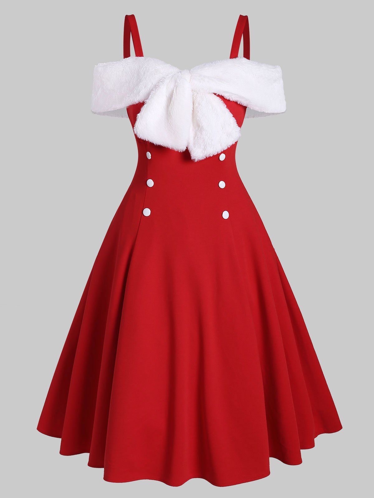

Faux Fur Insert Bowknot Cold Shoulder Button Embellished Dress, Lava red