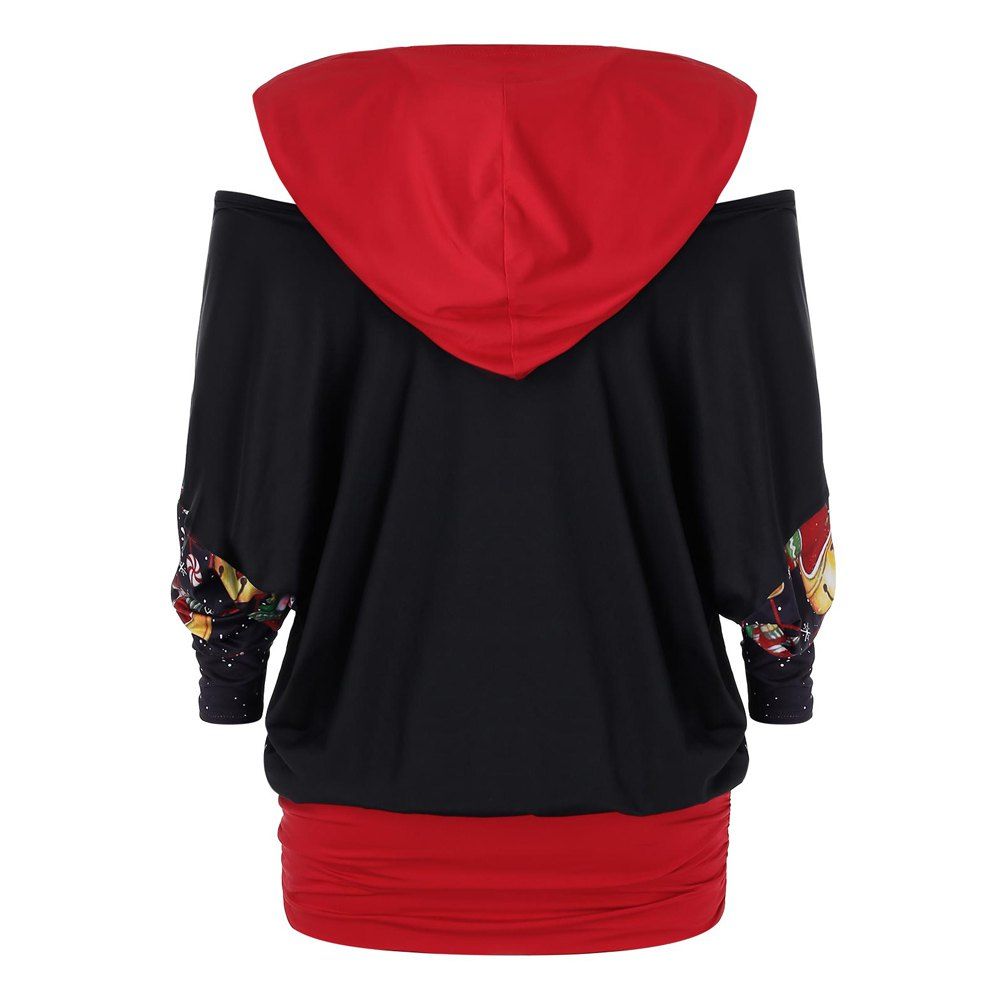 

Plus Size Cold Shoulder Bells Snowman Print Christmas Hoodie, Black