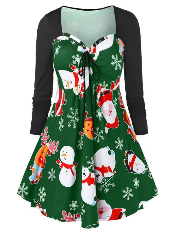 Robe Cerf de Noël et Flocon de Neige à Volants - Vert Printemps Moyen L