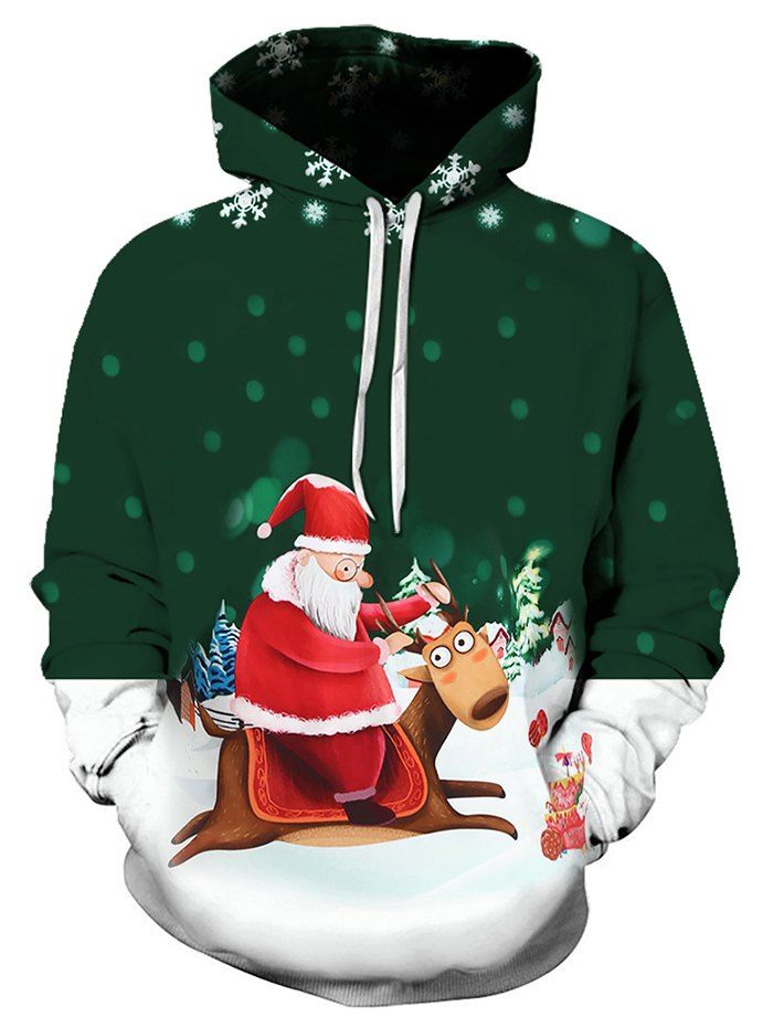 

Santa Claus Snowflake Pattern Pocket Hoodie, Deep green
