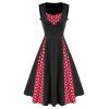 Button Polka Dots Patchwork A Line Dress - LAVA RED M