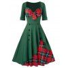 Robe de Noël Trapèze Vintage Nouée en Avant de Grande Taille - Vert profond 1X