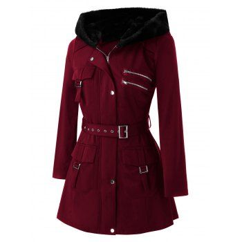 

Plus Size Pockets Buckles Zippered Coat, Red wine