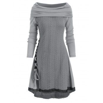 

Cowl Neck Lace Up Guipure Panel Longline Knitwear, Light gray