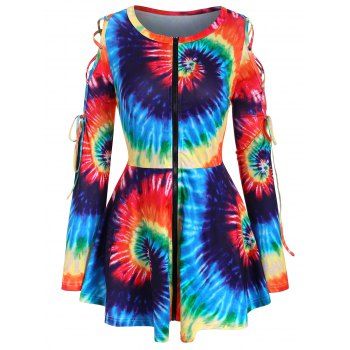 

Rainbow Tie Dye Lace Up Zip Front Plus Size Top, Multicolor