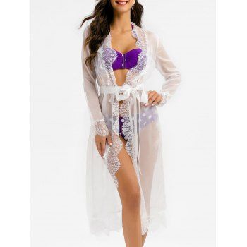 

Scalloped Lace Trim Belted Chiffon Cover Up, White
