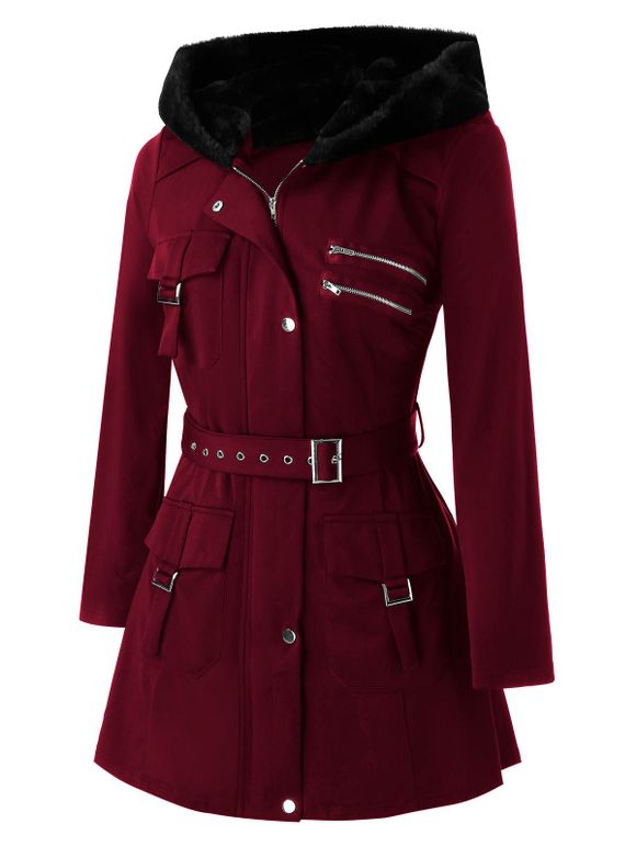 Manteau Zippé Bouclé de Grande Taille avec Poches - Rouge Vineux L