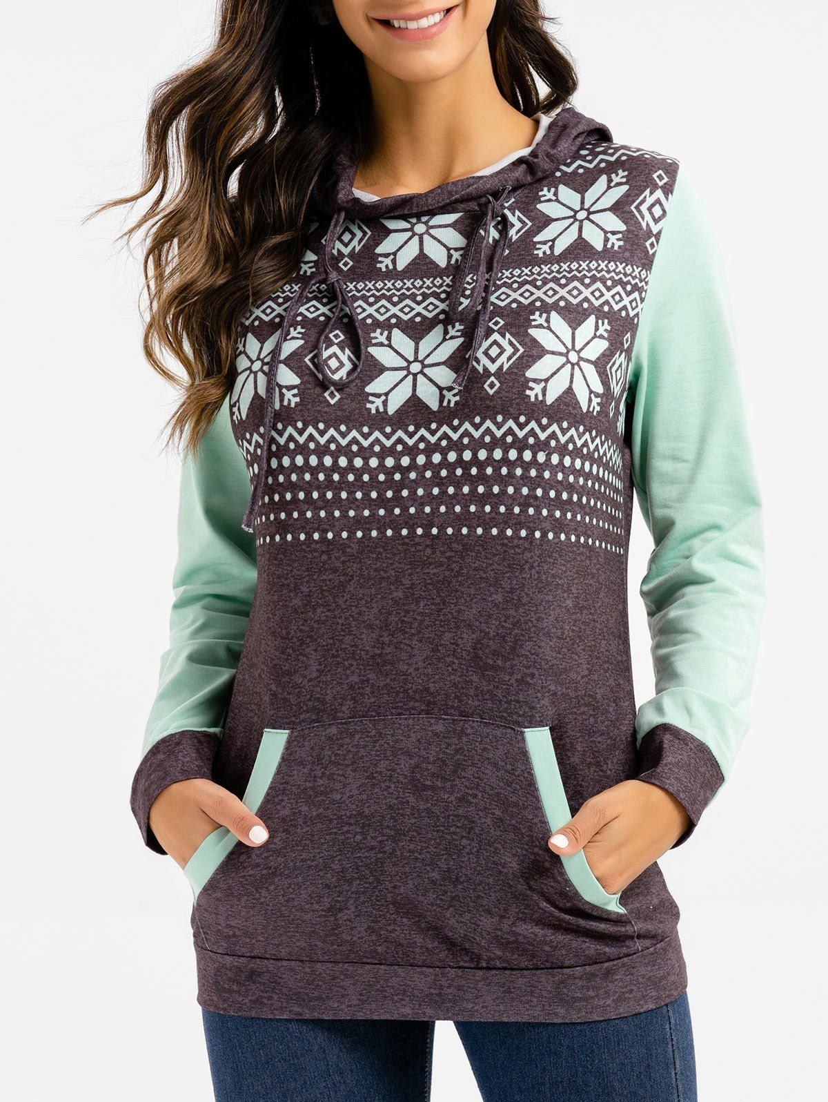 

Snowflake Graphic Front Pocket Drawstring Hoodie, Light aquamarine