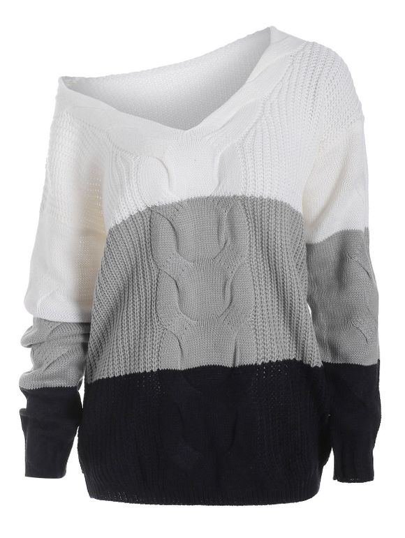 Pull Lâche en Tricot à Câble en Blocs de Couleurs - Blanc M