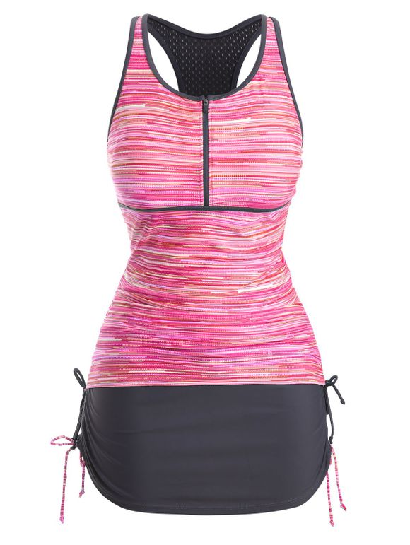 Maillot de Bain Tankini Perforé Zip en Avant de Grande Taille au Dos Nageur - Rose Vif 3X