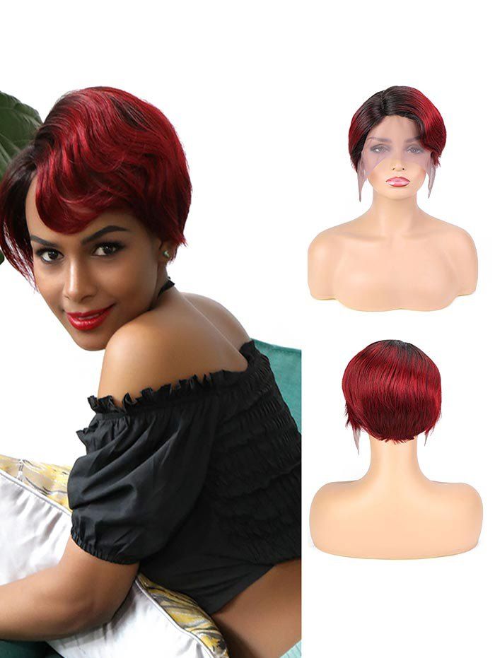36 Off 2020 Human Hair Side Part Ombre Red Short Straight Wig In