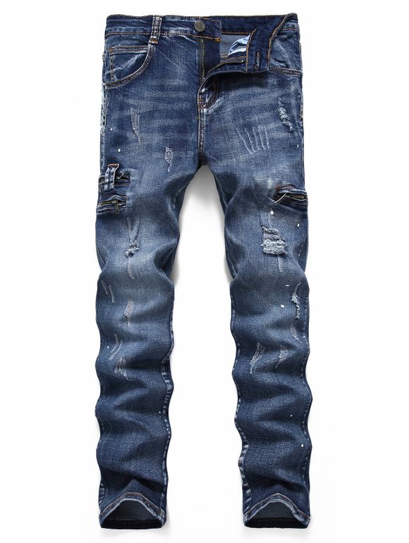Ripped Zipper Scratch Painting Dots Jeans - DENIM DARK BLUE 38
