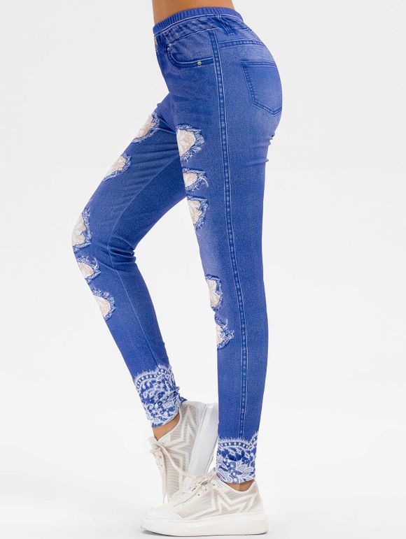 Legging 3D Fleuri Imprimé à Taille Haute - Bleu Cobalt 2XL