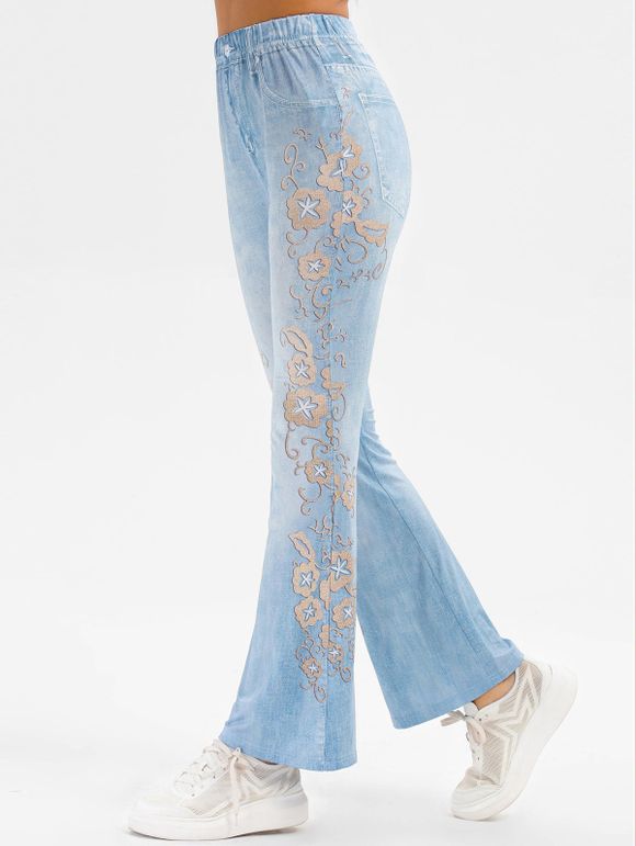 Pantalon Fleuri Imprimé à Taille Elastique en Faux Denim - Bleu de Jean 3XL