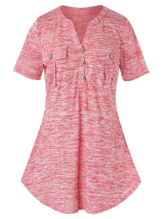 T-shirt Teinté Boutonné avec Poches de Grande Taille à Col V - Rose Rosé 5X