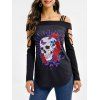 T-shirt Croisé Papillon Fleur et Crâne Imprimés à Ourlet Courbe - Noir XL