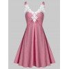 Mini Robe à Bretelle en Dentele Insérée à Volants - Rouge Rose XL