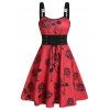 Mini Robe à Bretelle Fleurie Imprimée à Taille Nouée - Rouge Vineux XL