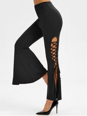 Lace Up Slit Solid Flare Pants
